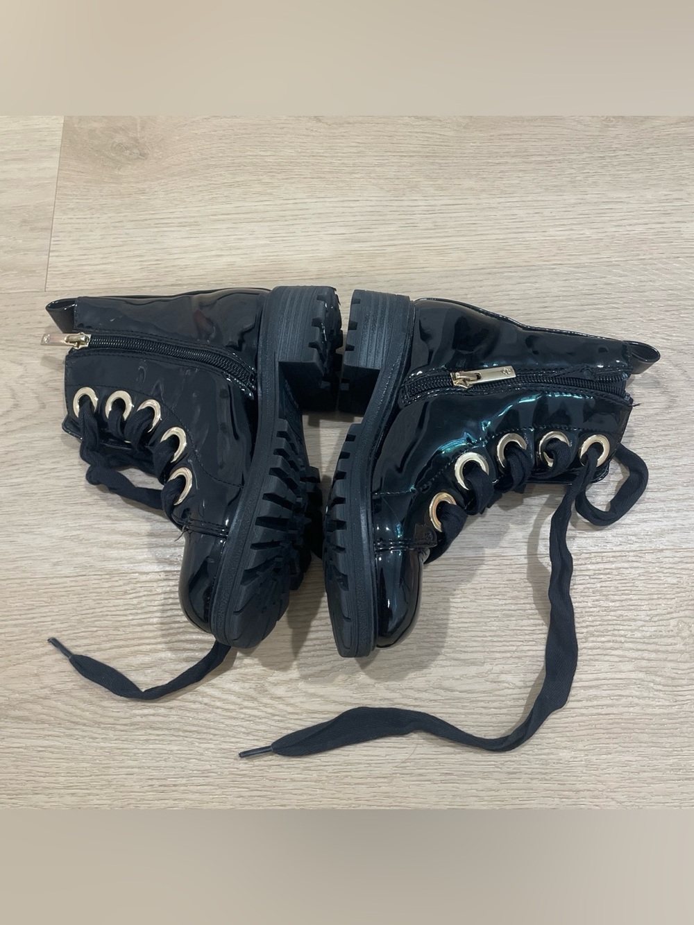 Nina Black Patent Lace-Up Combat Boots with Gold Eyelets